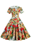Yellow and Green Floral Vintage 1950s Dress with Sleeves