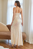 Apricot Mermaid Sequins Ball Dress with Slit