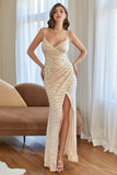 Apricot Mermaid Sequins Ball Dress with Slit