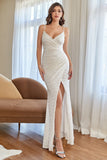 White Mermaid Sequins Ball Dress with Slit