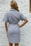 V Neck Blue Striped Summer Dress with Short Sleeves