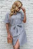 V Neck Blue Striped Summer Dress with Short Sleeves