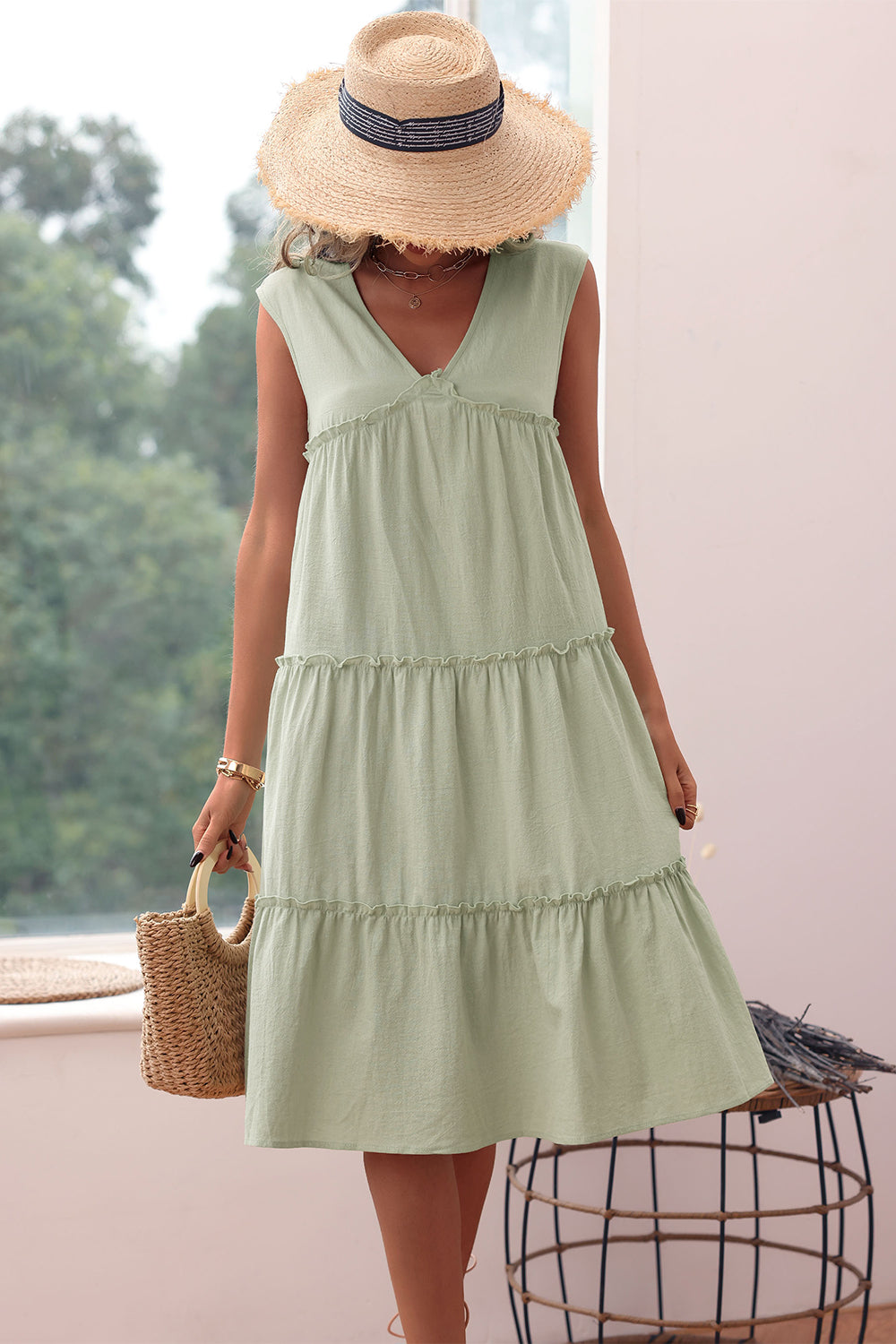 V Neck Green Summer Dress