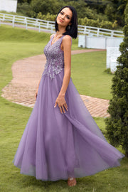 A-Line V-Neck Purple Long Ball Dress with Appliques