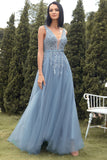 A-Line Long Blue Ball Dress with Appliques