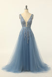 Dusty Blue Tulle Appliqued Ball Dress