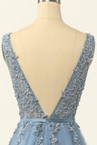Dusty Blue Tulle Appliqued Ball Dress