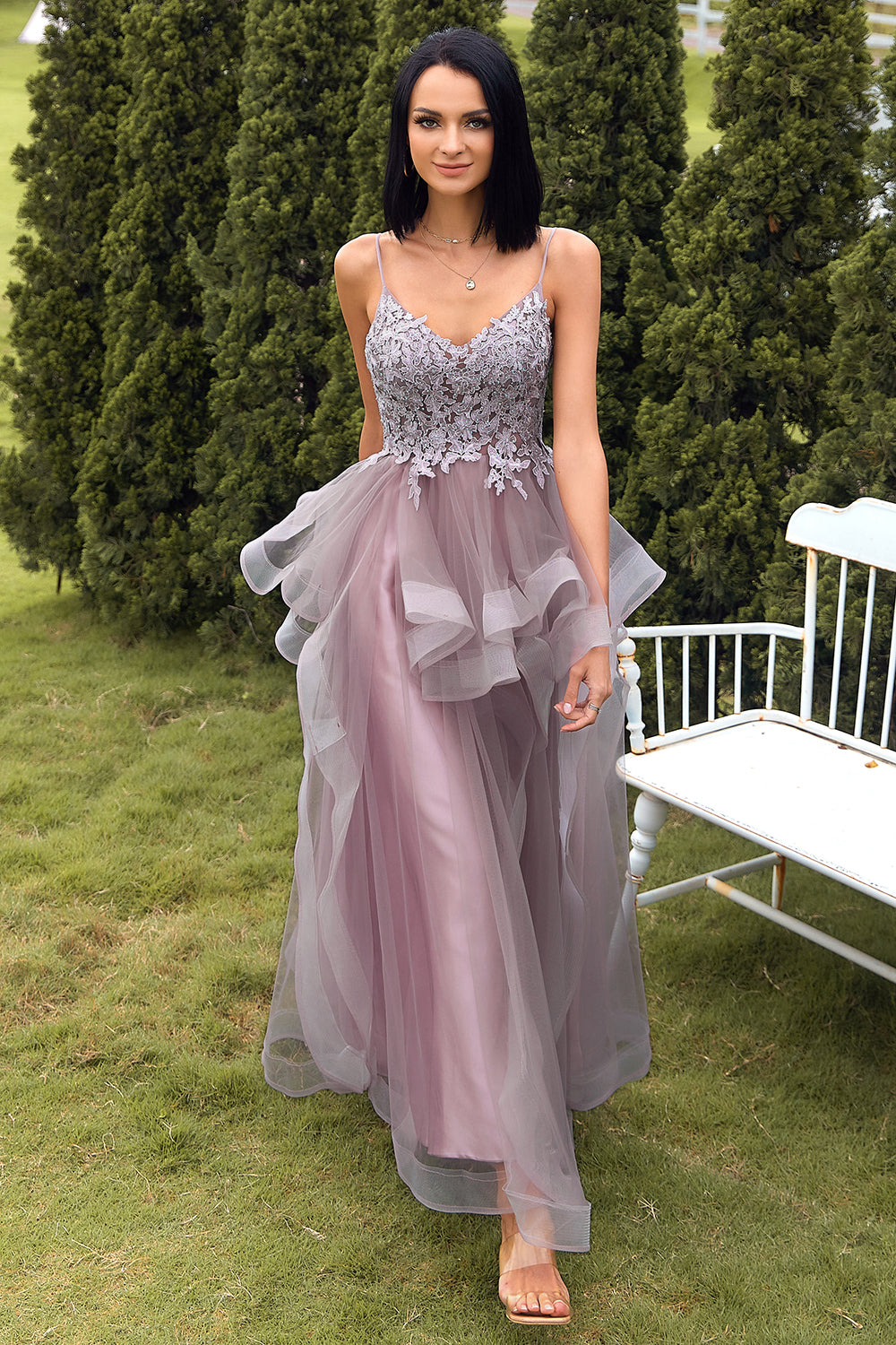 A-Line Spaghetti Straps Purple Grey Long Formal Dress with Appliques