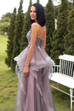 A-Line Spaghetti Straps Purple Grey Long Formal Dress with Appliques
