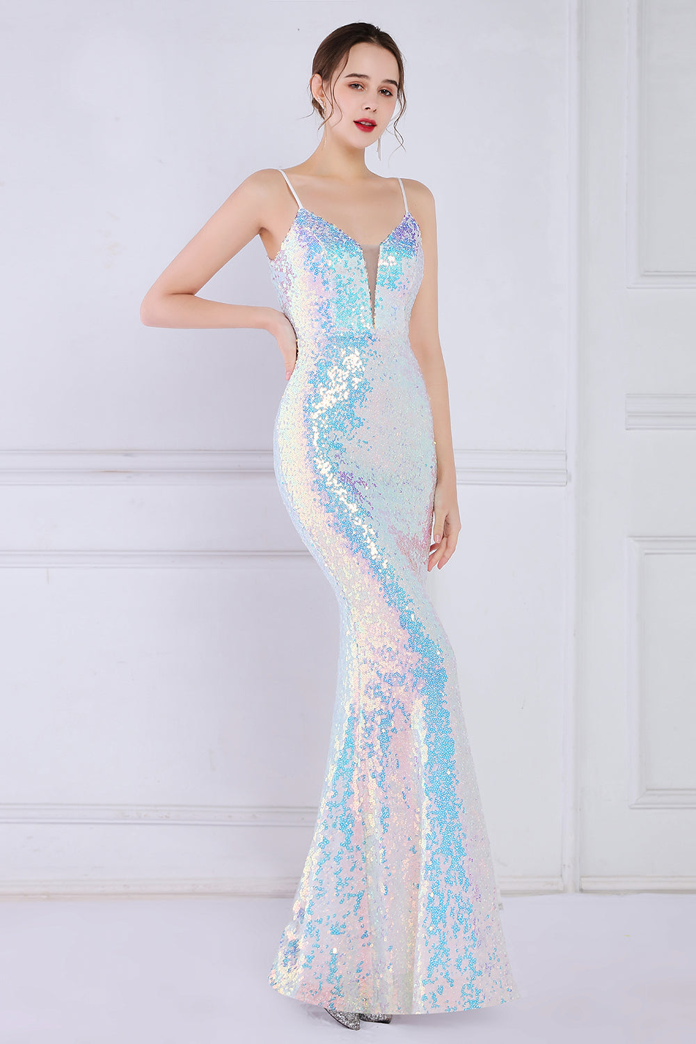 Dazzling Rainbow White Seuiqned Mermaid Ball Dress