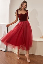 Burgundy Tulle Cocktail Dress with Bowknot