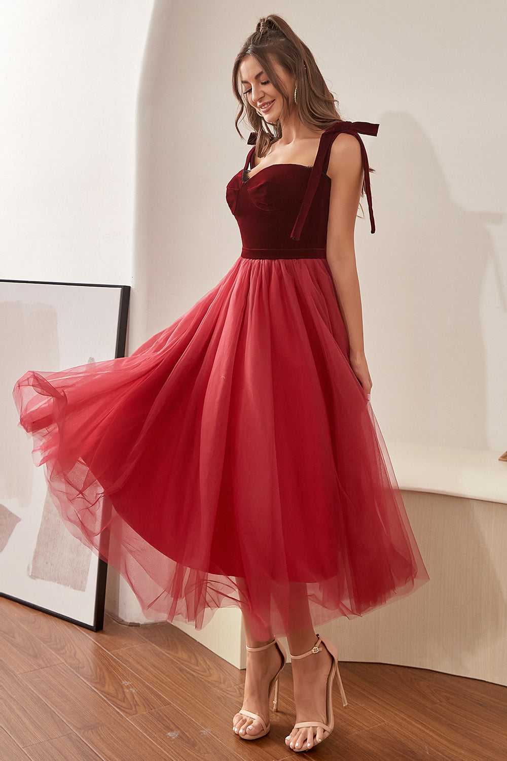 Burgundy Tulle Cocktail Dress with Bowknot
