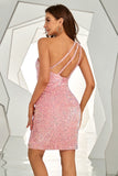 Pink One Shoulder Sequined Tight Cocktail Dress