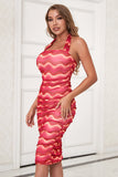 Sheath Halter Red Stripe Midi Cocktail Dress