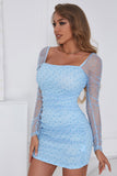 Sheath Square Neck Blue Short Cocktail Dress with Long Sleeves