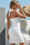 Sheath Halter White Cocktail Dress with Criss Cross