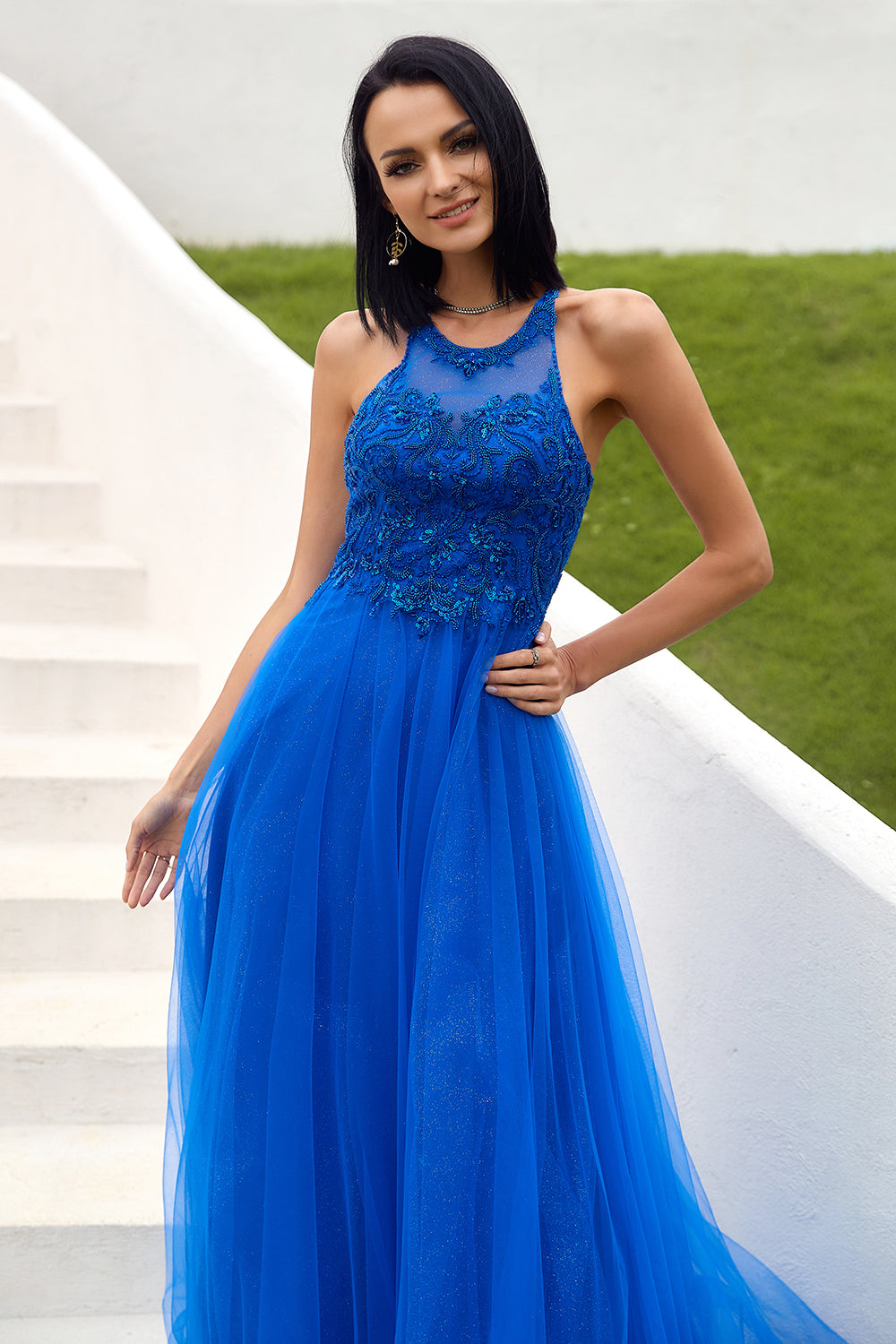 Royal Blue Tulle Ball Dress with Appliques