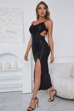Spaghetti Straps Black Sequins Formal Dress with Slit