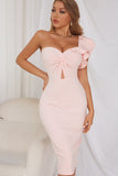 Pink One-Shoulder Bodycon Cocktail Dress with Ruffles