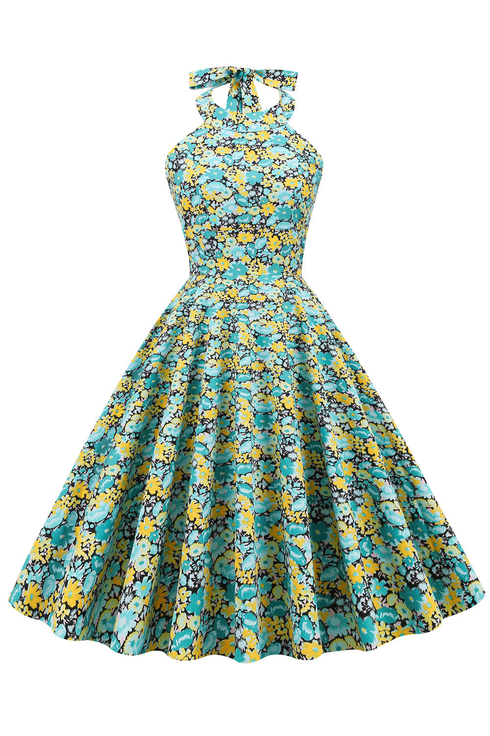 Blue Yellow Flower Halter Pin-Up Dress