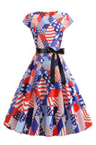 American Flag Printed Retro Dress with Bowknot