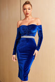 Royal Blue Off Shoulder Long Sleeves Velvet Semi Formal Dress