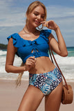 Two Pieces Blue and Leaves Swimsuit