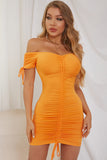 Orange Off Shoulder Bodycon Cocktail Dress