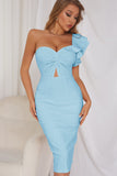 Sky Blue One Shoulder Bodycon Cocktail Dress with Ruffles