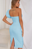 Sky Blue One Shoulder Bodycon Cocktail Dress with Ruffles
