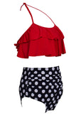 Red and Polka Dots Two Pieces Swimsuit with Ruffles