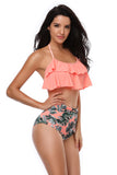 Halter Orange and Leaves Two Pieces Swimsuit