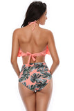 Halter Orange and Leaves Two Pieces Swimsuit