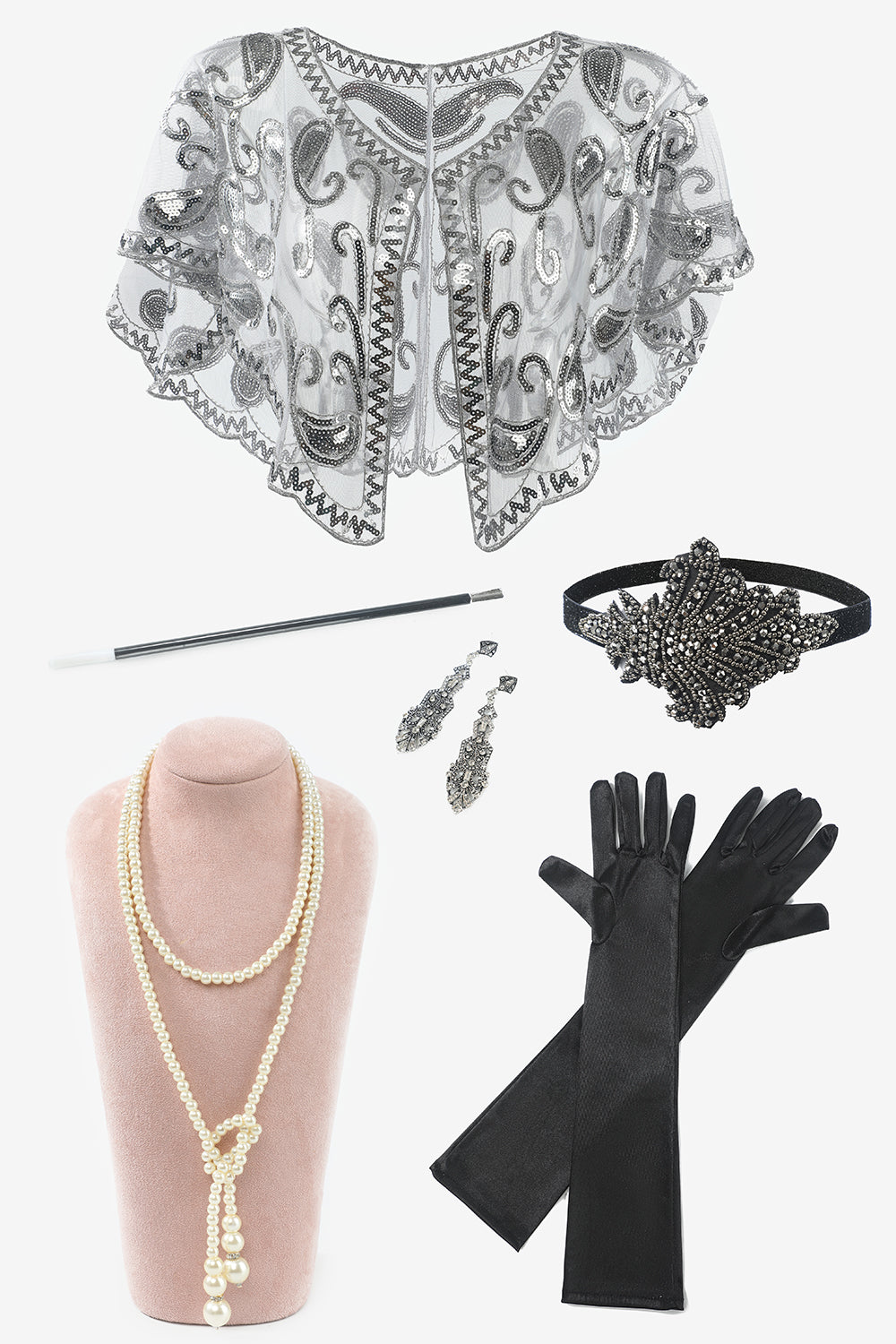 Seven Pieces Necklace Gloves 1920s Party Accessories Set