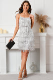 Silver Sequins Tight Cocktail Dress with Fringes