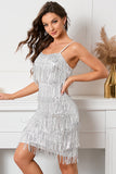 Silver Sequins Tight Cocktail Dress with Fringes