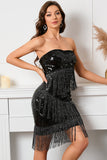 Black Sequins Tight Cocktail Dress with Fringes