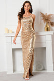 Golden Sequined Mermaid Spaghetti Straps Evening Dress