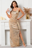 Golden Sequined Mermaid Spaghetti Straps Evening Dress