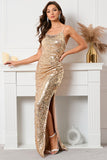 Golden Sequined Mermaid Spaghetti Straps Evening Dress