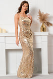 Golden Sequined Mermaid Spaghetti Straps Evening Dress