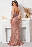 Rose Pink Off The Shoulder Sequined Party Dress with Tassels