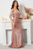 Rose Pink Off The Shoulder Sequined Party Dress with Tassels