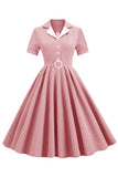Blush Plaid Swing 1950s Dress with Short Sleeves