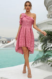 A Line High Low One Shoulder Coral Lace Dress