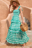 Green Plaid Boho Maxi Summer Dress