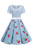 Blue Cherry Printed Vintage 1950s Dress