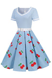 Blue Cherry Printed Vintage 1950s Dress