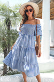 Blue Plaid Off Shoulder Summer Dress