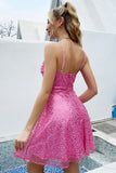 Fuchsia Backless Sequins Short Cocktail Dress